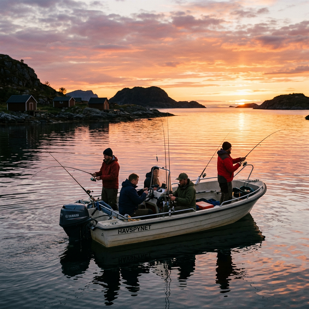Four people fishing from a small boat on calm water at sunset